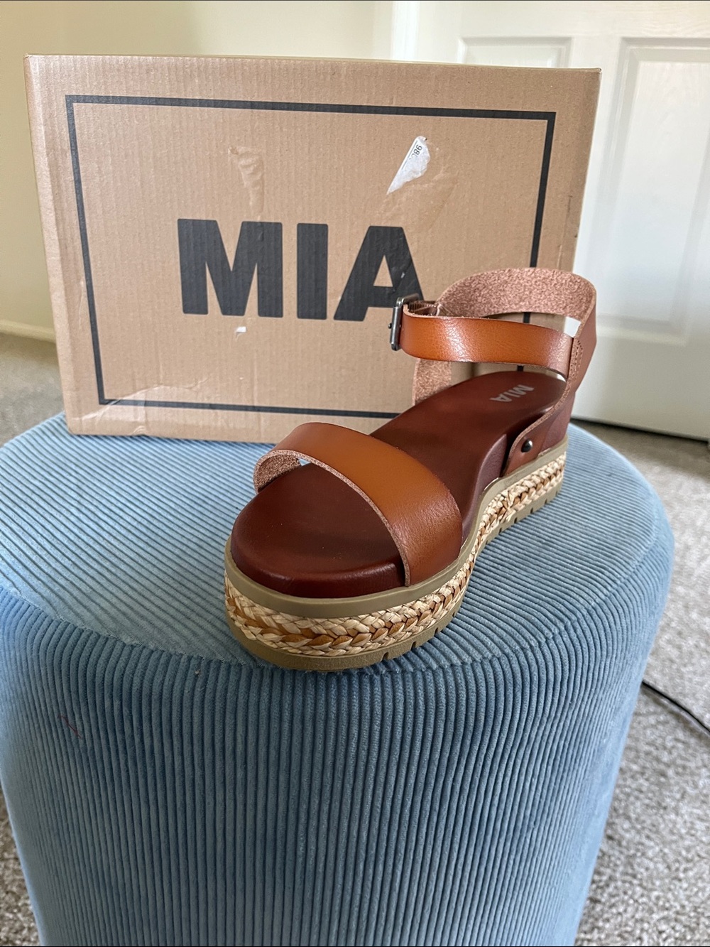 MIA Cognac Braided Platform Ankle Strap Sandal